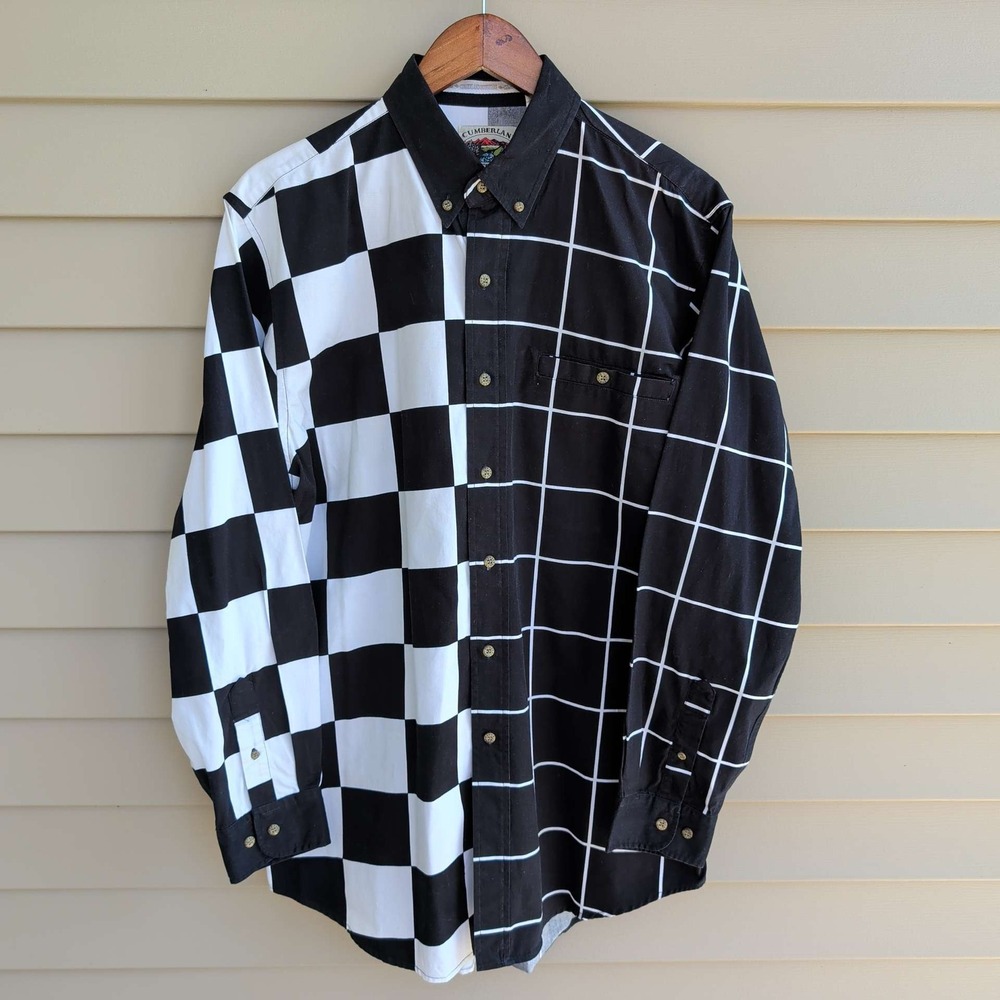 Cumberland Outfitters Shirt Mens L Black White Checkerboard Grid Button Down